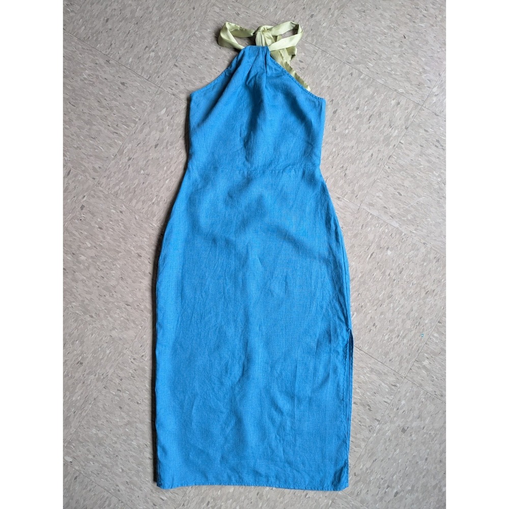 Reformation Strapless Blue Midi Dress with Lime Halter Tie